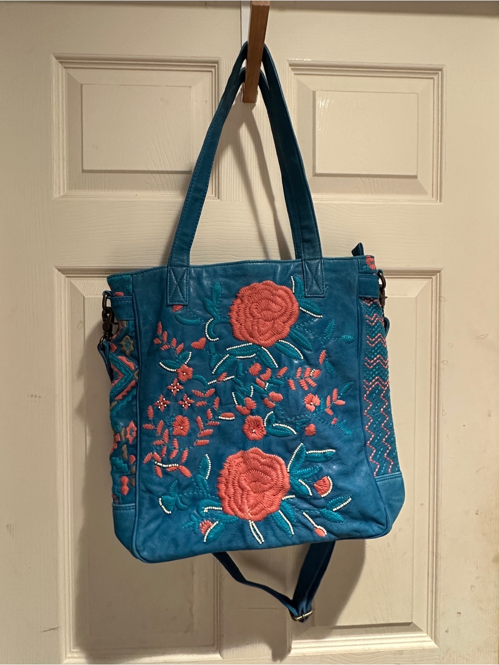 Embroidered Blue Floral Tote with Coral Accents